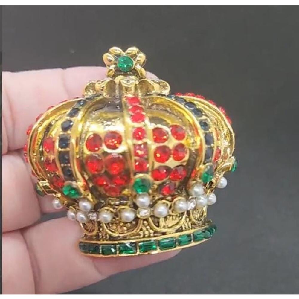 Royal Crown Brooch King Queen Rhinestone and Faux Pearls Statement Piece